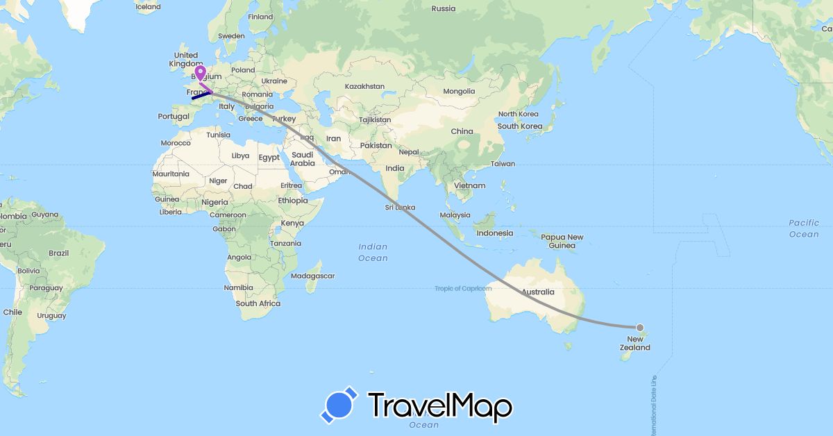 TravelMap itinerary: driving, plane, train in United Arab Emirates, Australia, Switzerland, France, New Zealand (Asia, Europe, Oceania)
